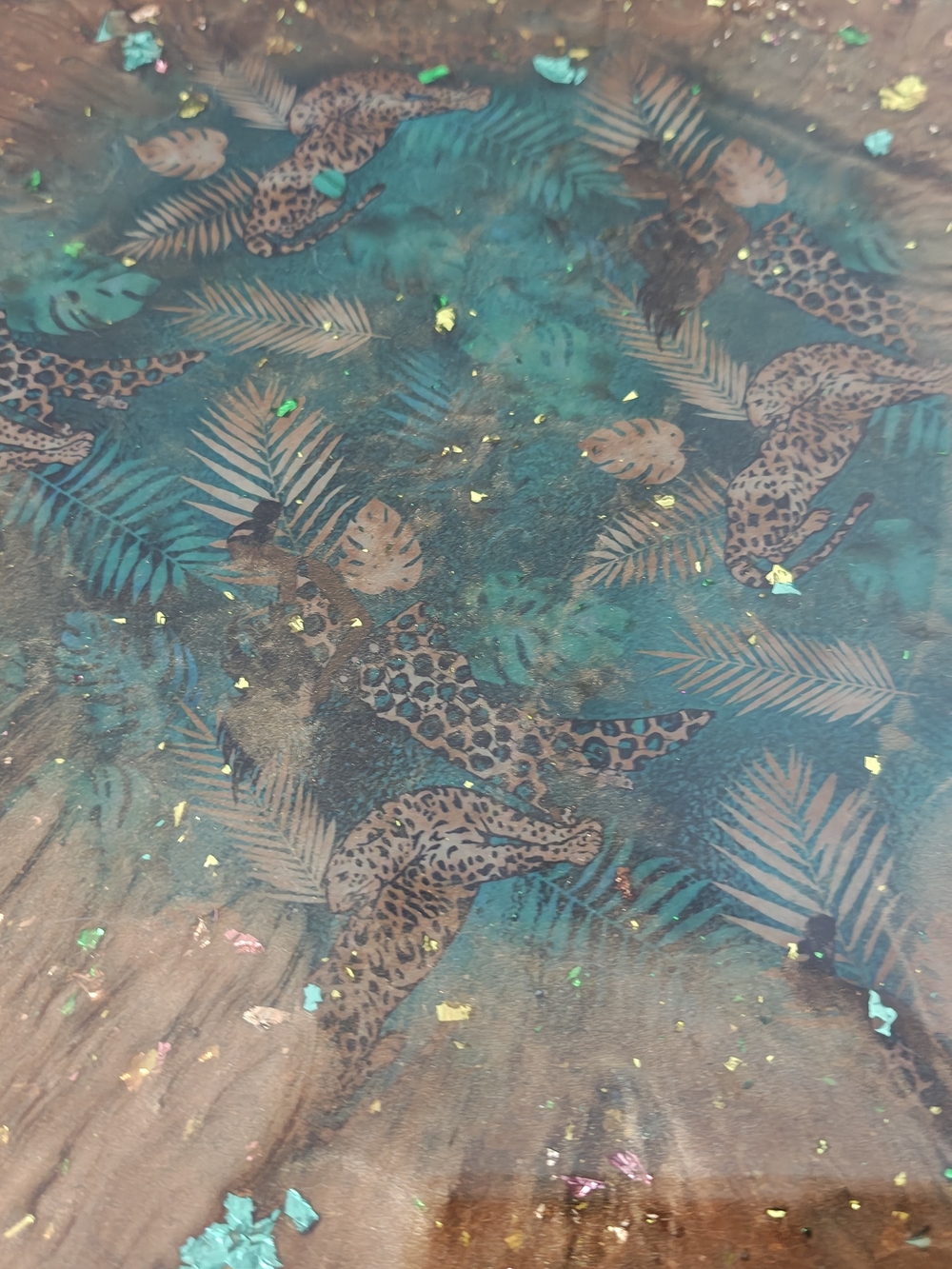 Leopard & Tropical Leaf Decorative Tray with Teal Accents